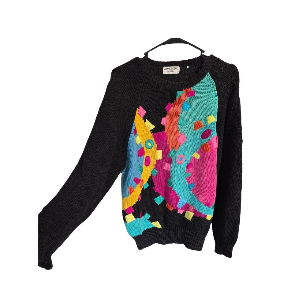 Vtg 80s Bonnie Boerer Abstract Geometric Novelty Chunky Knit Sweater M
